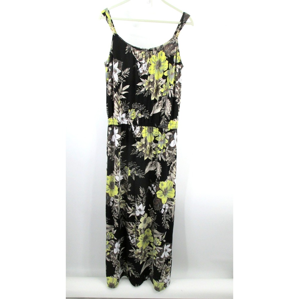 SUSAN GRAVER Maxi Summer Dress Women Small Black Floral Sleeveless Tropical Slit